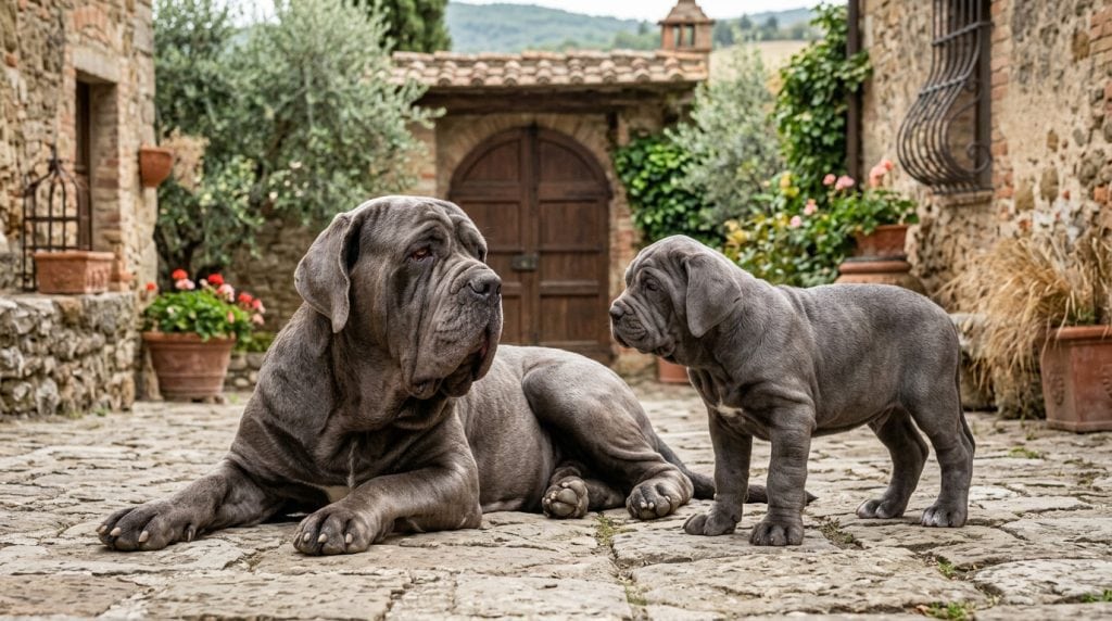 Adult Neapolitan Mastiff with a Neapolitan Mastiff puppy in a rustic Italian stone courtyard.