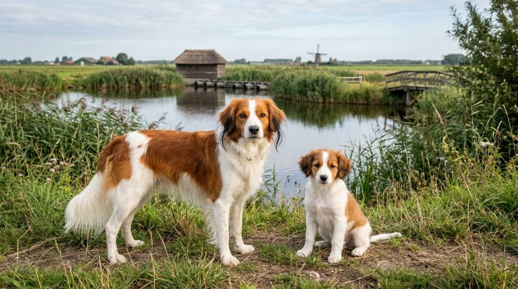 Adult Nederlandse Kooikerhondje and puppy standing beside a traditional Dutch duck decoy pond surrounded by reeds and wetlands in the Netherlands.