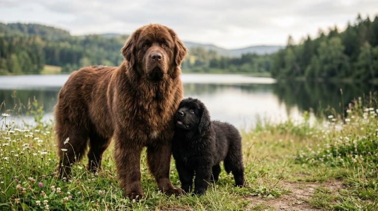 Large brown Newfoundland standing near a lakeside meadow with a Newfoundland puppy.