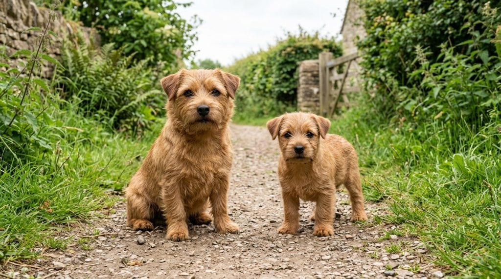 Adult Norfolk Terrier with a Norfolk Terrier puppy in a natural countryside garden setting looking toward the camera.