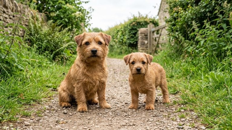 Adult Norfolk Terrier with a Norfolk Terrier puppy in a natural countryside garden setting looking toward the camera.