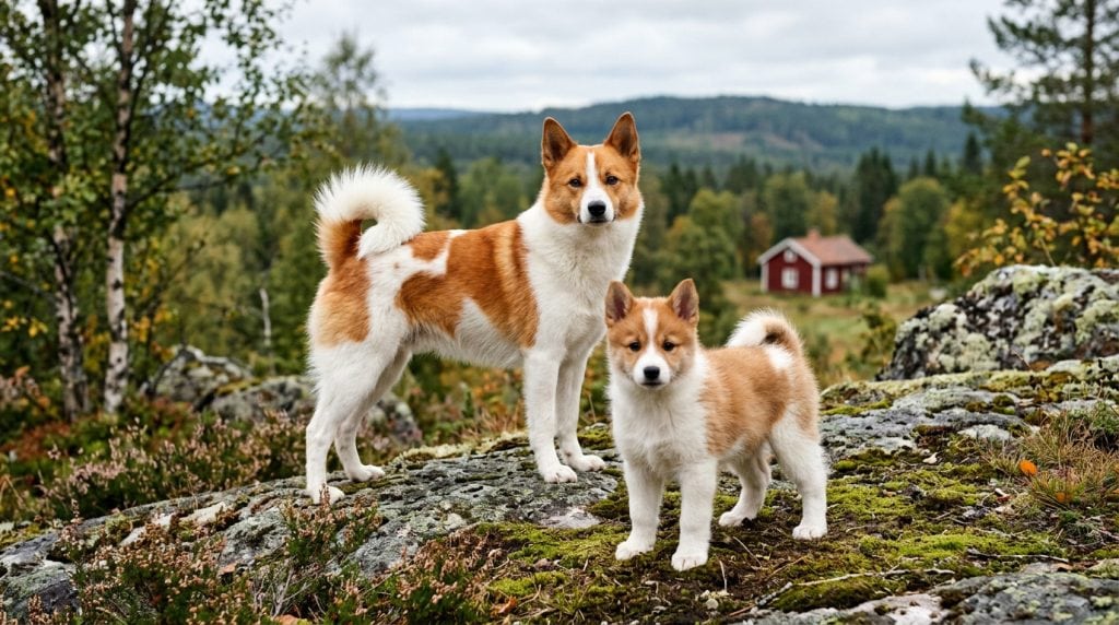 Adult Norrbottenspets and Norrbottenspets puppy standing on rocky terrain in a Scandinavian forest landscape with a traditional red Swedish cottage in the background.