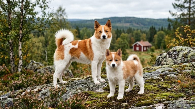 Adult Norrbottenspets and Norrbottenspets puppy standing on rocky terrain in a Scandinavian forest landscape with a traditional red Swedish cottage in the background.