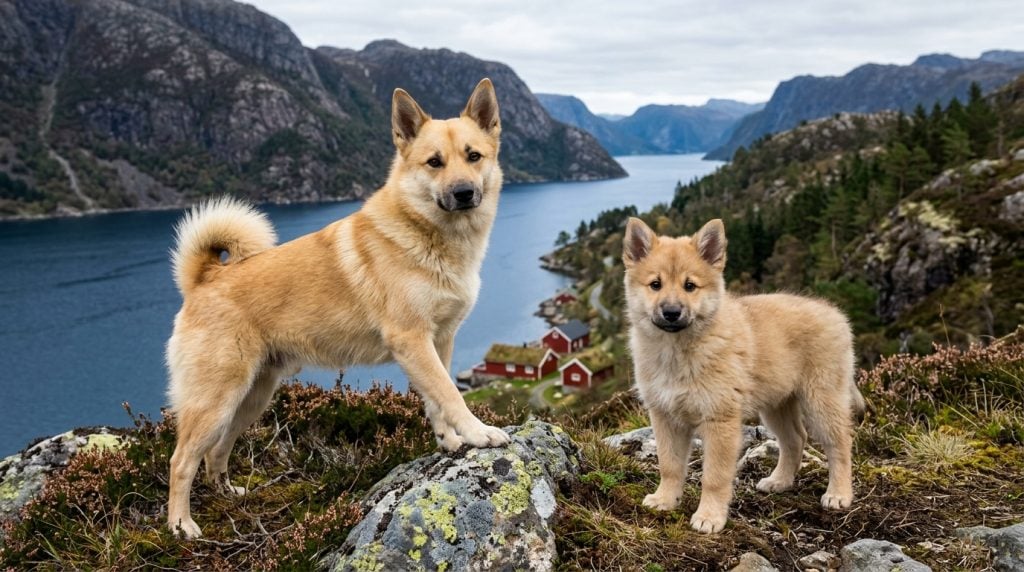 Adult Norwegian Buhund standing beside a Norwegian Buhund puppy in a rugged Norwegian mountain landscape.