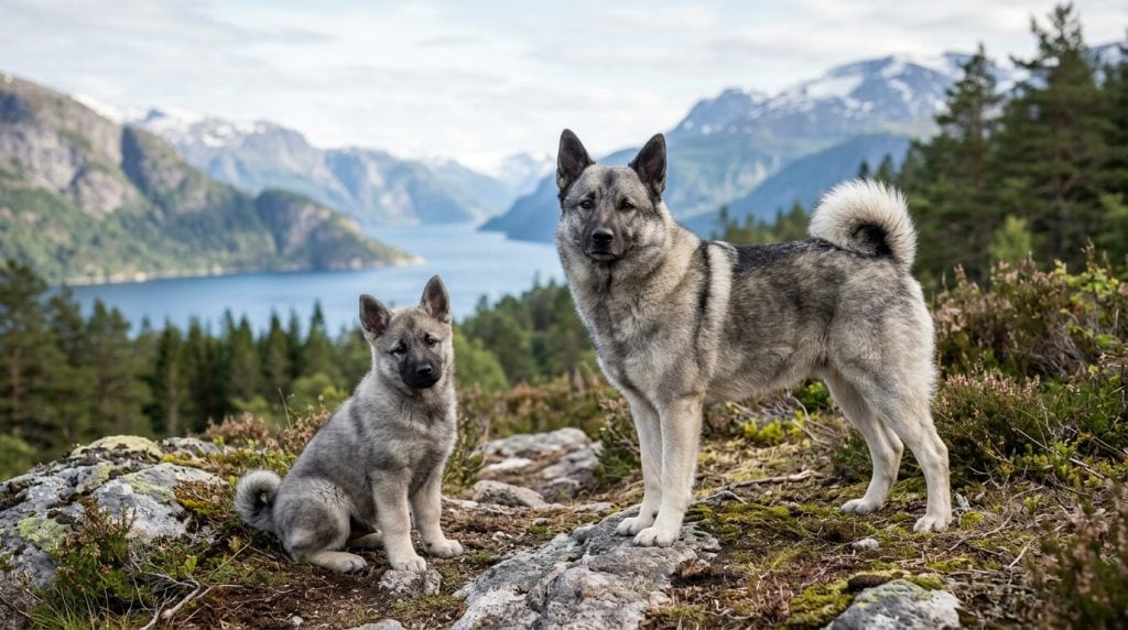 Adult Norwegian Elkhound and Norwegian Elkhound puppy overlooking a Norwegian fjord landscape, showcasing the breed's silver-grey coat, erect ears and tightly curled tail.