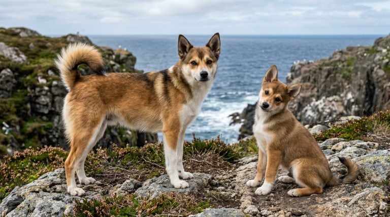 Adult Norwegian Lundehund and Norwegian Lundehund puppy standing on rugged Norwegian coastal cliffs overlooking the Atlantic Ocean, showcasing the breed's fox-like appearance and curled tail.