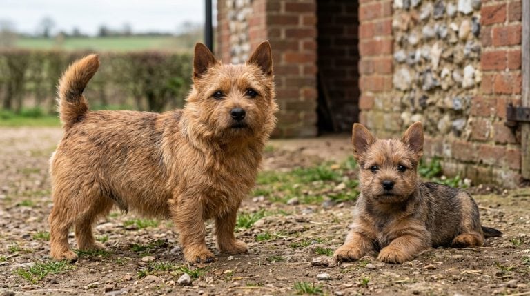 Adult grizzle Norwich Terrier standing beside a young puppy outside a traditional English farm building.