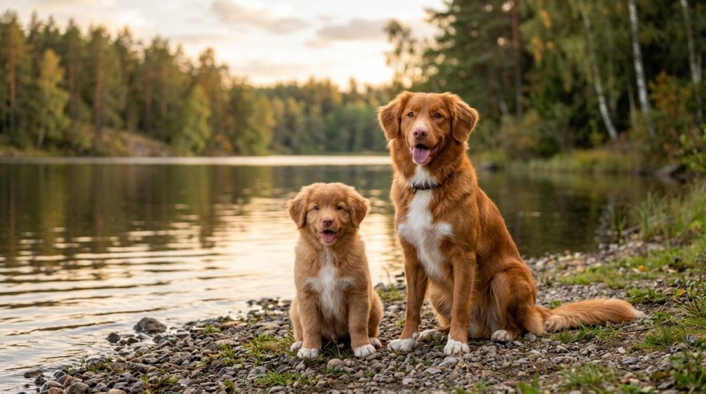 Nova Scotia Duck Tolling Retriever adult and puppy sitting by a lakeside shoreline, reflecting the breed’s natural Canadian water-retrieving habitat.