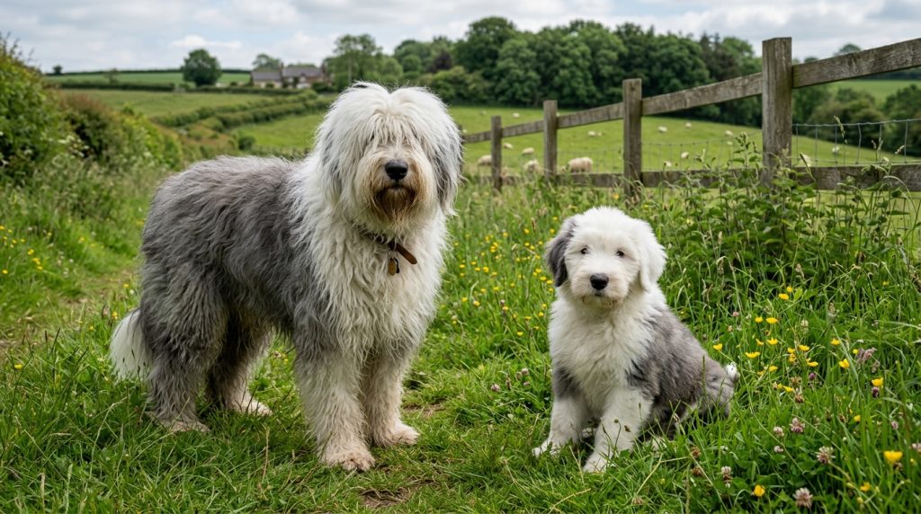 Adult Old English Sheepdog with a shaggy grey and white coat standing beside a puppy in a grassy countryside field