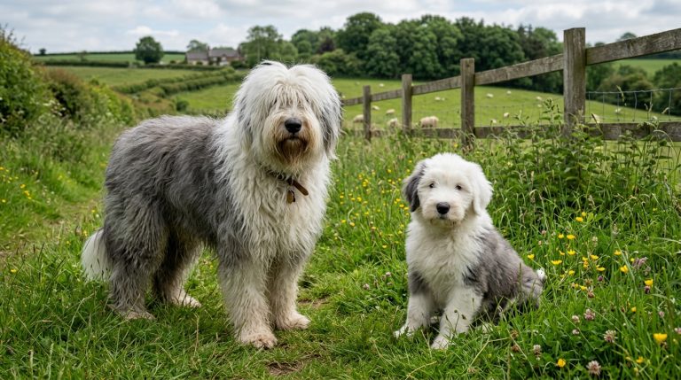 Adult Old English Sheepdog with a shaggy grey and white coat standing beside a puppy in a grassy countryside field