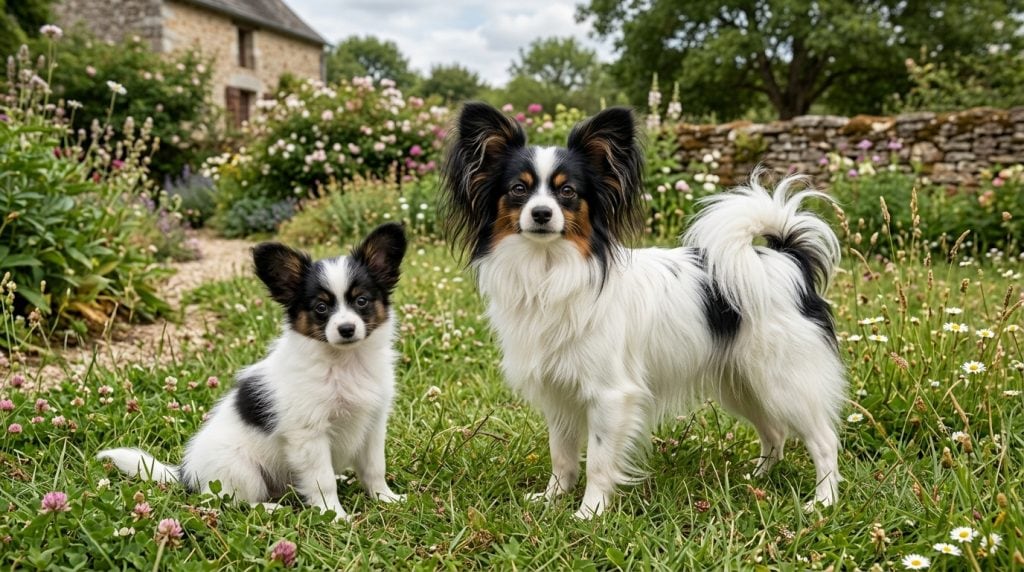 Adult Papillon with a Papillon puppy standing together in a natural countryside garden setting.