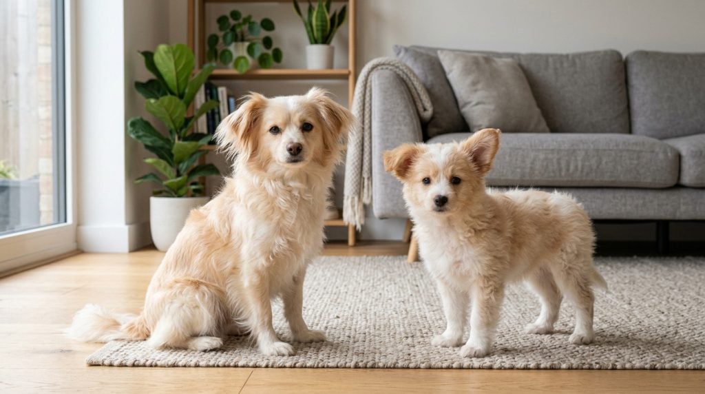 Adult cream-and-white Papipoo sitting beside a fluffy young puppy in a bright modern living room.