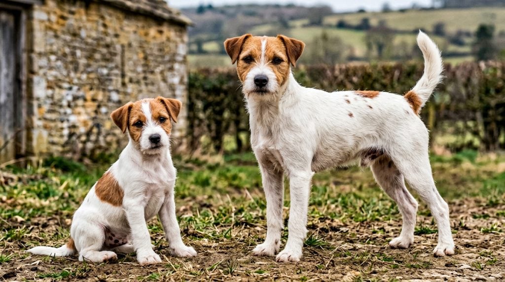 Adult white-and-tan Parson Russell Terrier standing beside a young puppy in the English countryside.