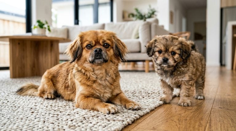 Adult sable Peekapoo lying on a rug with a Peekapoo puppy standing beside it in a modern home