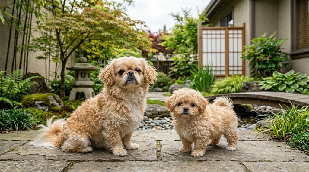 Adult Pekepoo with a Pekepoo puppy together in a peaceful Japanese-inspired garden courtyard.