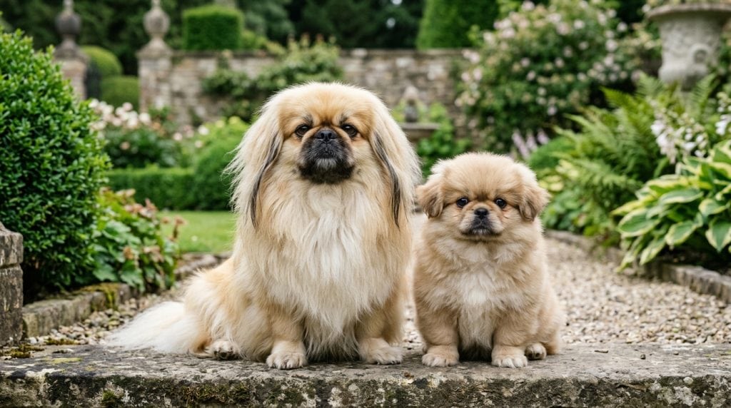 Adult Pekingese dog and puppy sitting side by side on a stone garden path, showing the breed’s long flowing coat and flat face in a natural outdoor setting