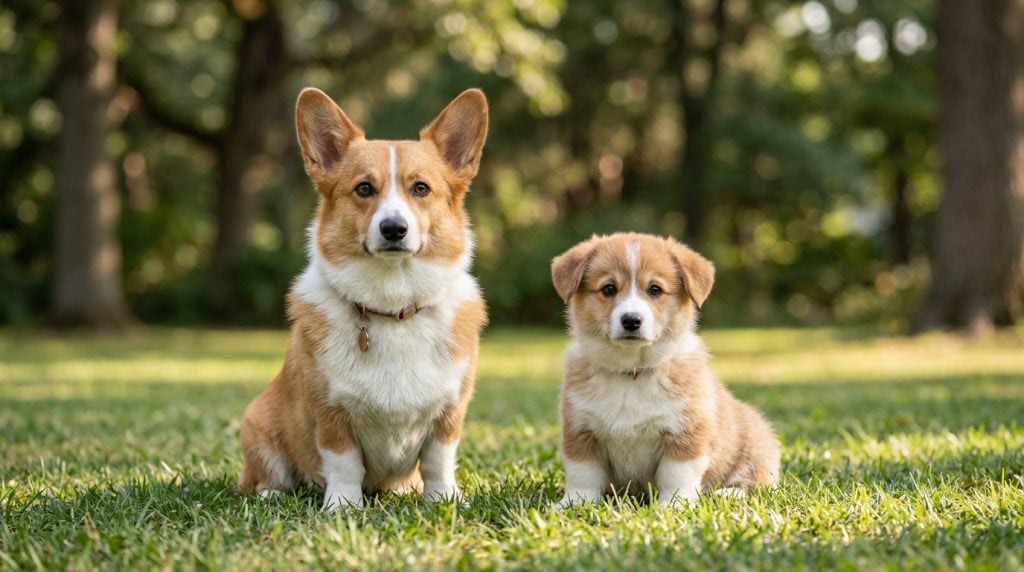 Adult Pembroke Welsh Corgi sitting in a woodland clearing beside a Corgi puppy.