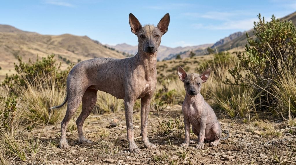 Adult Peruvian Inca Orchid with a Peruvian Inca Orchid puppy standing together in a natural outdoor setting looking toward the camera.