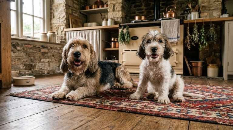 Petit Basset Griffon Vendéen adult and puppy relaxing in a rustic French farmhouse kitchen, reflecting the breed’s traditional countryside hunting origins.