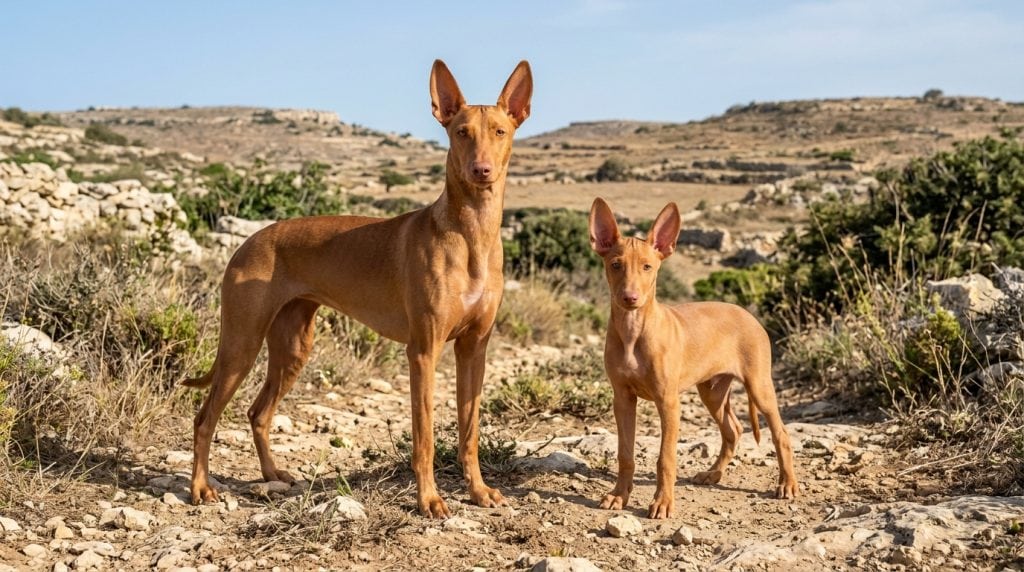 Adult Pharaoh Hound with a Pharaoh Hound puppy standing together in a warm natural outdoor setting looking toward the camera.
