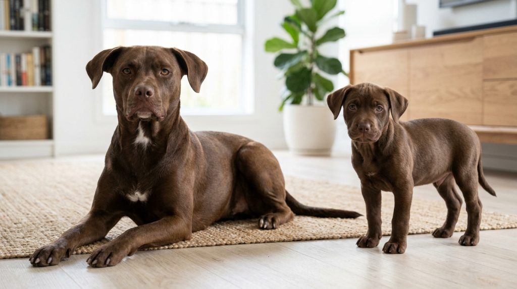 Adult chocolate Pitador reclining beside a young puppy in a bright modern living room.