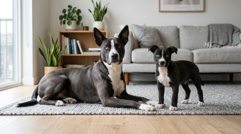 Adult black and white Pitsky with one blue eye reclining beside a standing young Pitsky puppy in a bright modern living room.