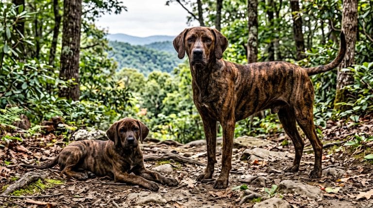 Adult brindle Plott Hound standing beside a young puppy on an Appalachian woodland trail.