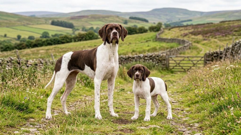 Adult English Pointer and English Pointer puppy standing in rolling British countryside with dry stone walls and green hills in the background.