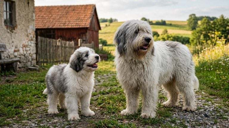 Polish Lowland Sheepdog adult and puppy standing in a rural farm setting, reflecting the breed’s traditional Polish herding and pastoral environment.