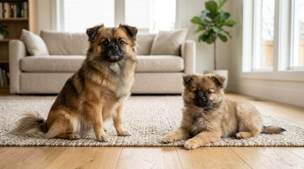 Adult sable Pom-A-Pug sitting beside a fluffy young puppy in a bright modern living room.