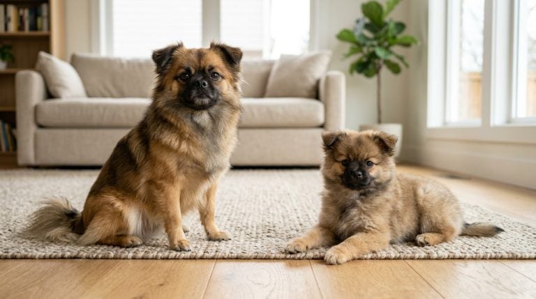 Adult sable Pom-A-Pug sitting beside a fluffy young puppy in a bright modern living room.