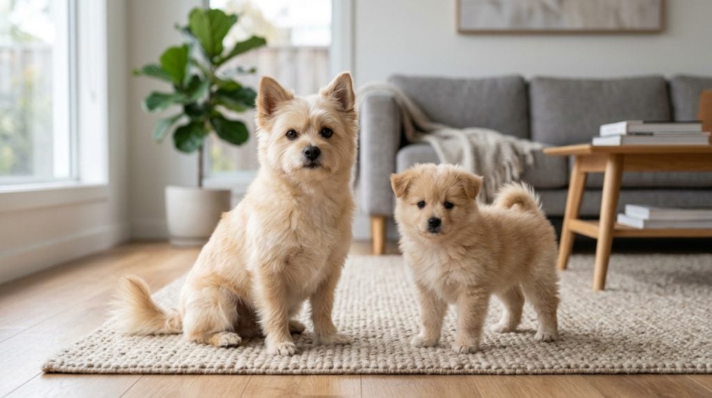 Adult cream Pom Terrier sitting beside a fluffy light-tan puppy in a bright modern living room.