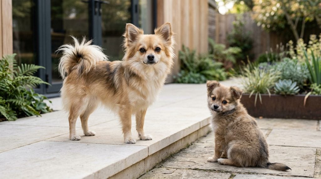 Adult Pomchi standing on a raised terrace with a Pomchi puppy sitting below in a modern garden
