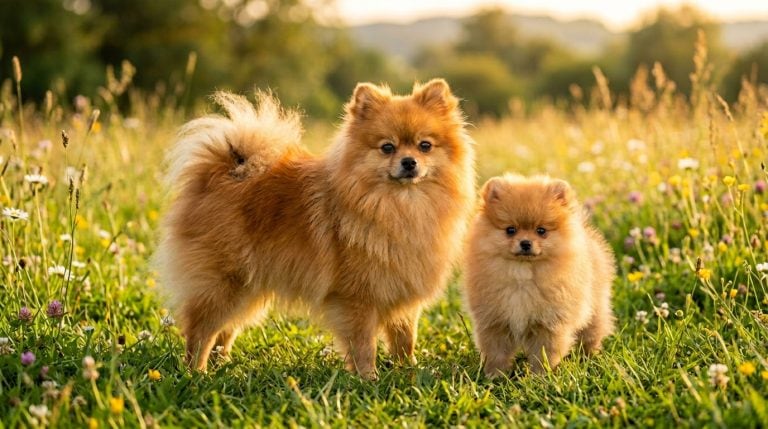 Adult Pomeranian standing in a wildflower meadow beside a Pomeranian puppy.