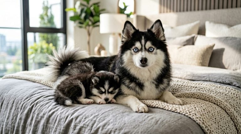 Adult Pomsky and puppy lying centered on a modern luxury bed in a bright stylish bedroom, showing the breed’s compact fluffy build, black and white plush double coat, blue eyes, upright ears, curled fluffy tail, and teddy-bar face with strong Pomeranian and Husky features in a cozy companion-dog setting.