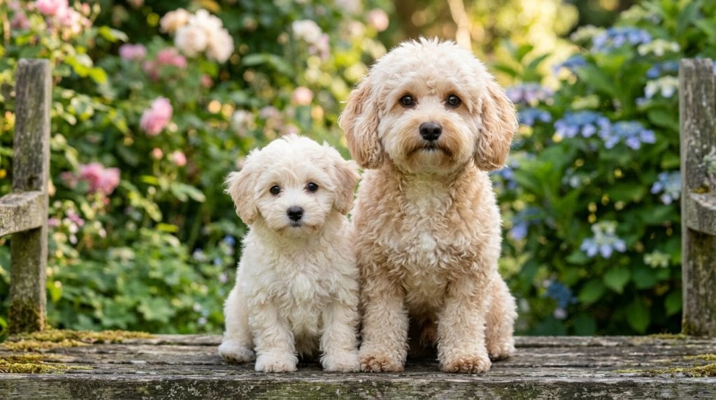 Small cream-colored Poochon puppy sitting beside a slightly larger adult Poochon on a wooden bench, both facing forward, with a blurred garden of flowers and greenery in the background.
