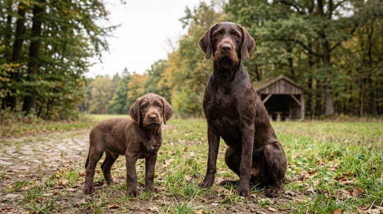 Adult Pudelpointer sitting beside a young Pudelpointer puppy in a German woodland-edge setting.