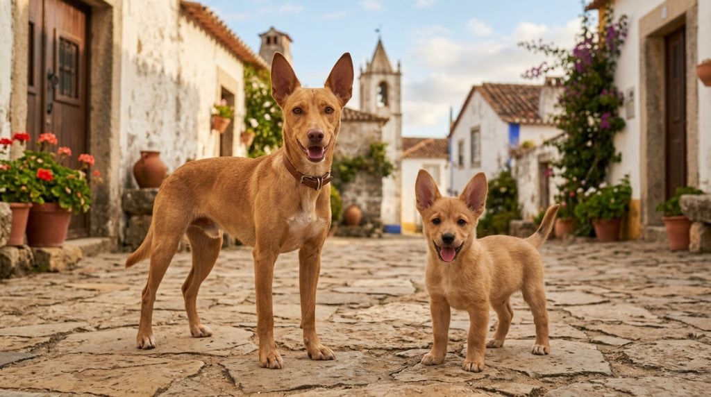 Portuguese Podengo adult and puppy standing in a rustic Portuguese village courtyard, reflecting the breed’s traditional Mediterranean hunting environment.