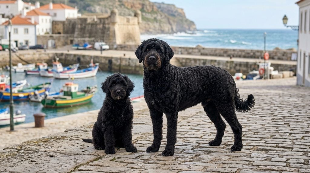 Adult Portuguese Water Dog and Portuguese Water Dog puppy standing on a historic Portuguese harbour promenade overlooking the Atlantic coast, showcasing the breed's curly waterproof coat and athletic build.