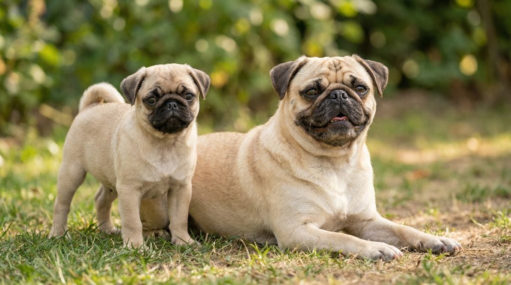 Adult Pug lying on grass beside a Pug puppy standing nearby in a garden with soft greenery.