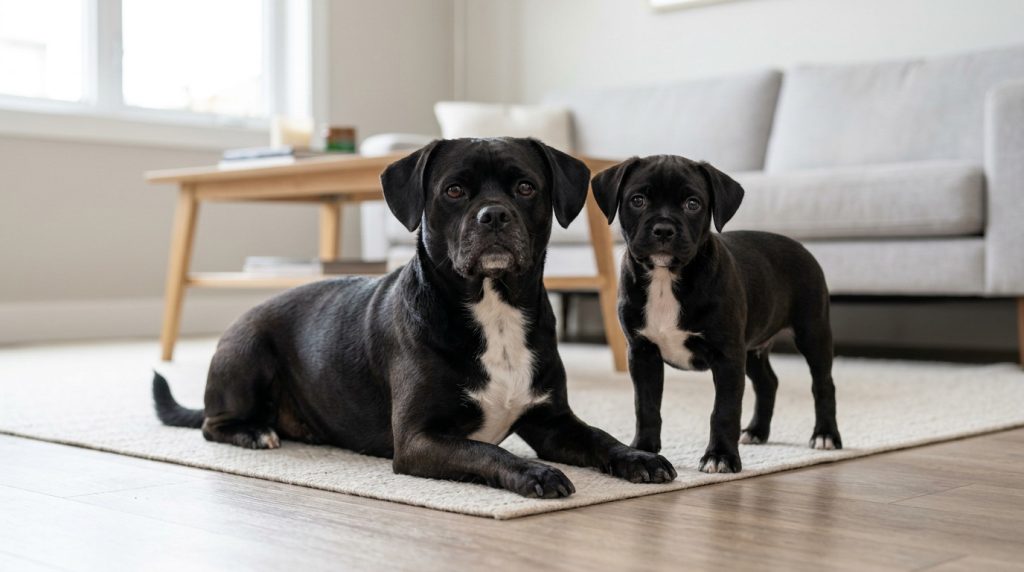 Adult black Pugador reclining beside a standing black puppy with matching white chest markings in a bright modern living room.