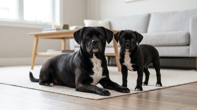 Adult black Pugador reclining beside a standing black puppy with matching white chest markings in a bright modern living room.