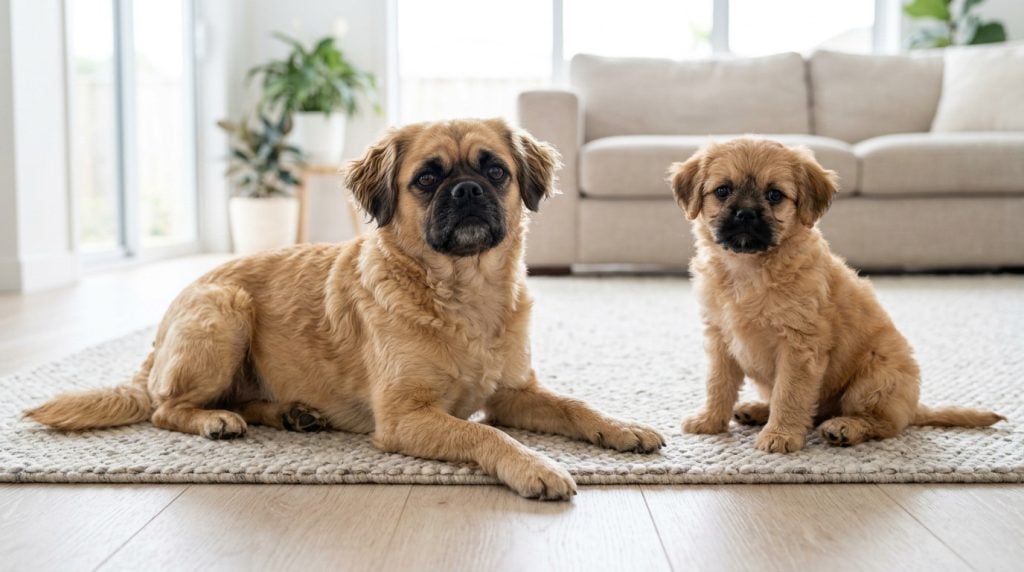 Adult apricot Pugapoo reclining beside a seated young puppy in a bright modern living room.