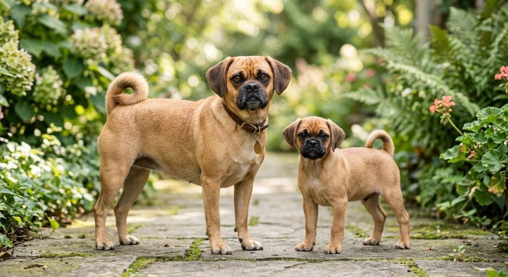 Adult Puggle standing beside a Puggle puppy on a stone garden path, both with tan coats, black muzzles, curled tails, and floppy ears, surrounded by green plants and flowers.