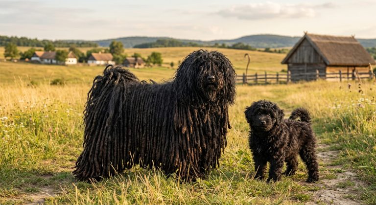 Adult Puli with a long black corded coat standing beside a black Puli puppy in the Hungarian countryside, with grassy fields, rustic farm buildings, and rolling hills in the background.