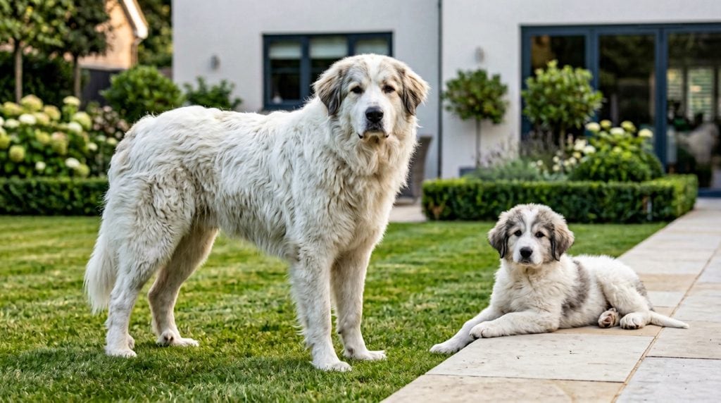 Adult white Pyredoodle standing on a lawn with a Pyredoodle puppy lying on a paved terrace in a modern garden