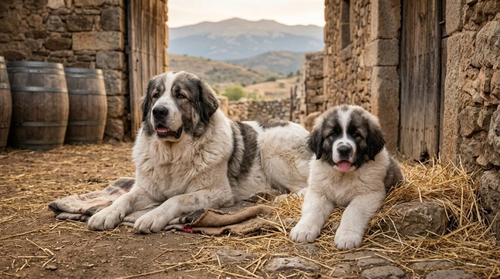 Adult Pyrenean Mastiff lying beside a fluffy Pyrenean Mastiff puppy in a rustic mountain farmyard with stone walls, straw and distant hills in the background, both with thick coats and gentle, open-mouthed expressions.