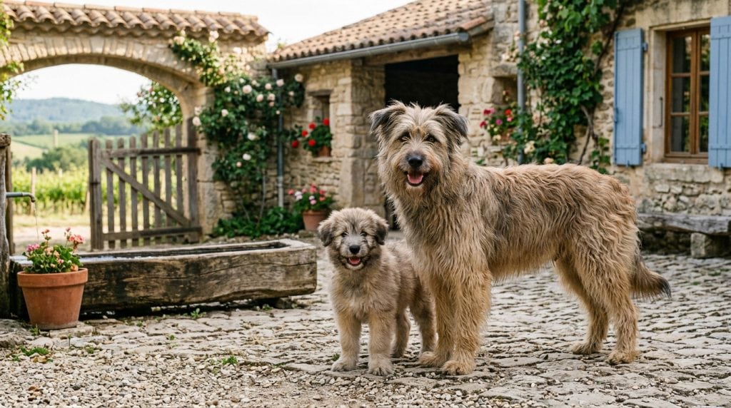 Pyrenean Shepherd adult and puppy standing in a rustic stone farmhouse courtyard, reflecting the breed’s traditional Pyrenean mountain farm environment.