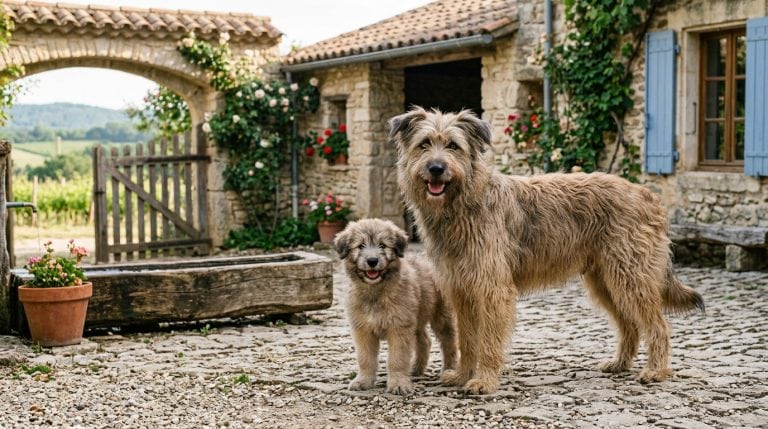 Pyrenean Shepherd adult and puppy standing in a rustic stone farmhouse courtyard, reflecting the breed’s traditional Pyrenean mountain farm environment.