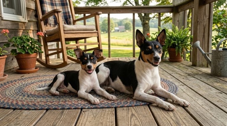 Rat Terrier adult and puppy lying together on a wooden farmhouse porch, reflecting the breed’s traditional American rural farm setting.